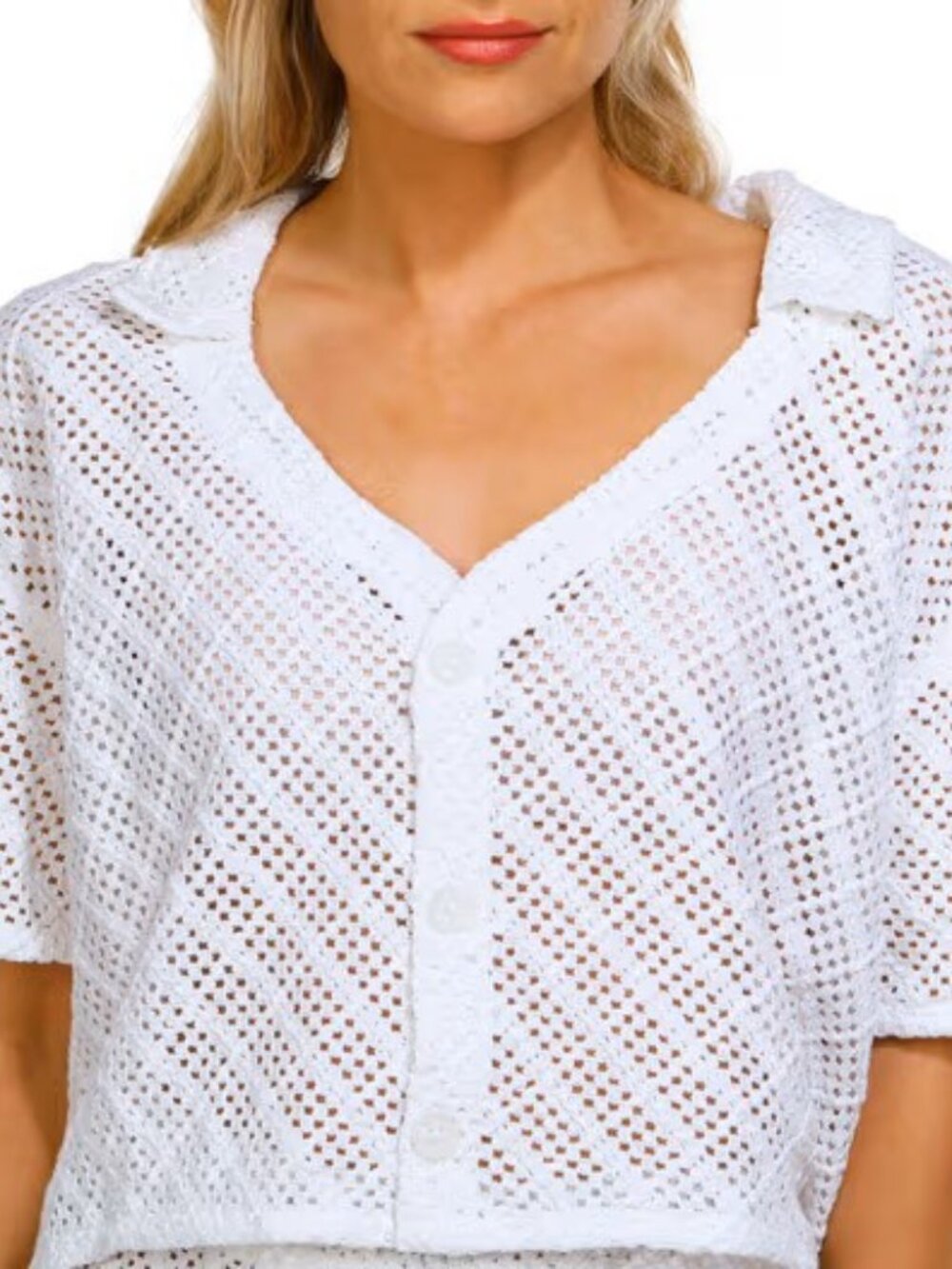Hurley Crochet Open-Knit Button Down Crop Top M White Boho Beachy Camp Shirt